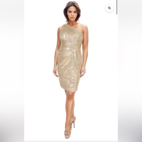 Rene Ruiz Gold Sequin Metallic One Shoulder Cocktail Dress Sz 14 NWT - Picture 1 of 12